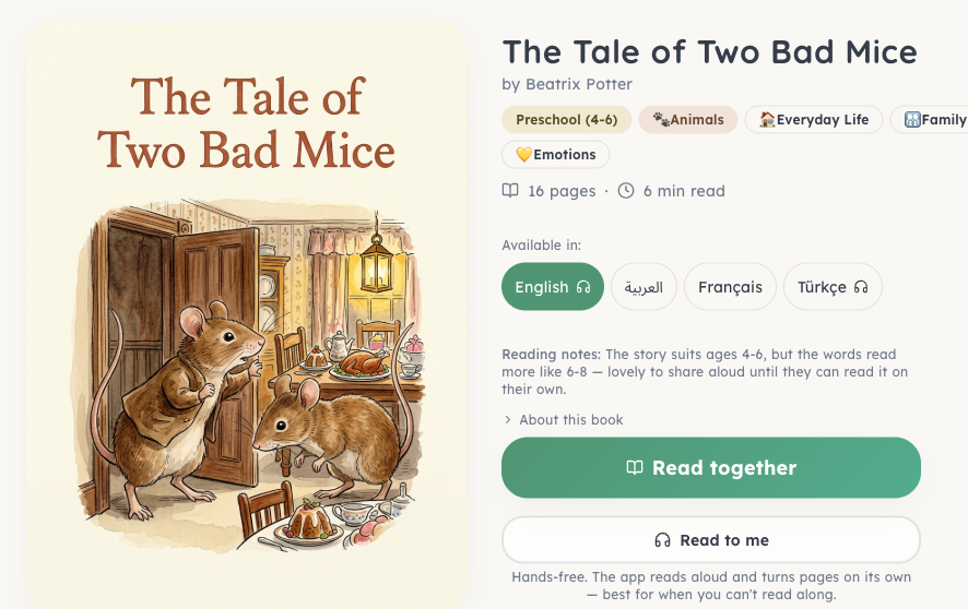 The BookCloud app open at 'The Tale of Two Bad Mice' — its cover, the four languages it's available in, a plain-language reading note, and 'Read together' and 'Read to me' buttons
