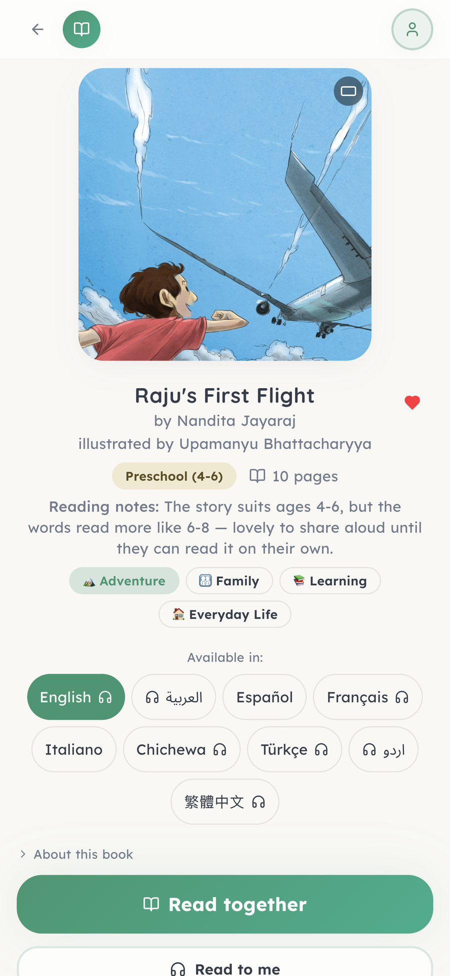 'Raju's First Flight' in the BookCloud app, with a plain reading note: the story suits ages 4–6, but the words read more like 6–8 — lovely to share aloud — and the languages it can be read and heard in