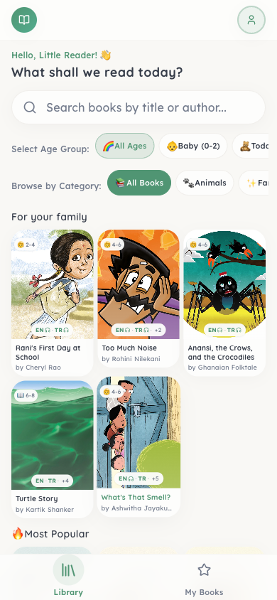 The BookCloud library — rows of illustrated children's books to browse by language and theme