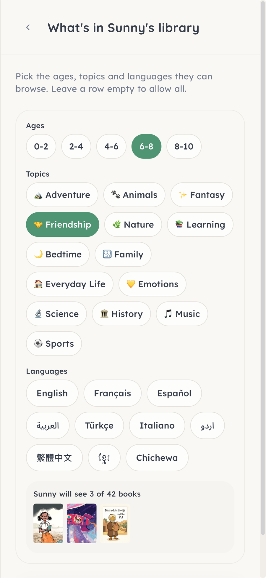The BookCloud parent area — choosing which ages, topics and languages a child can browse, narrowing the library to a chosen few books