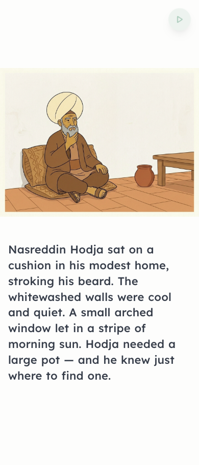 A BookCloud story page — an illustration above large, easy-to-read text, with a button to hear it read aloud