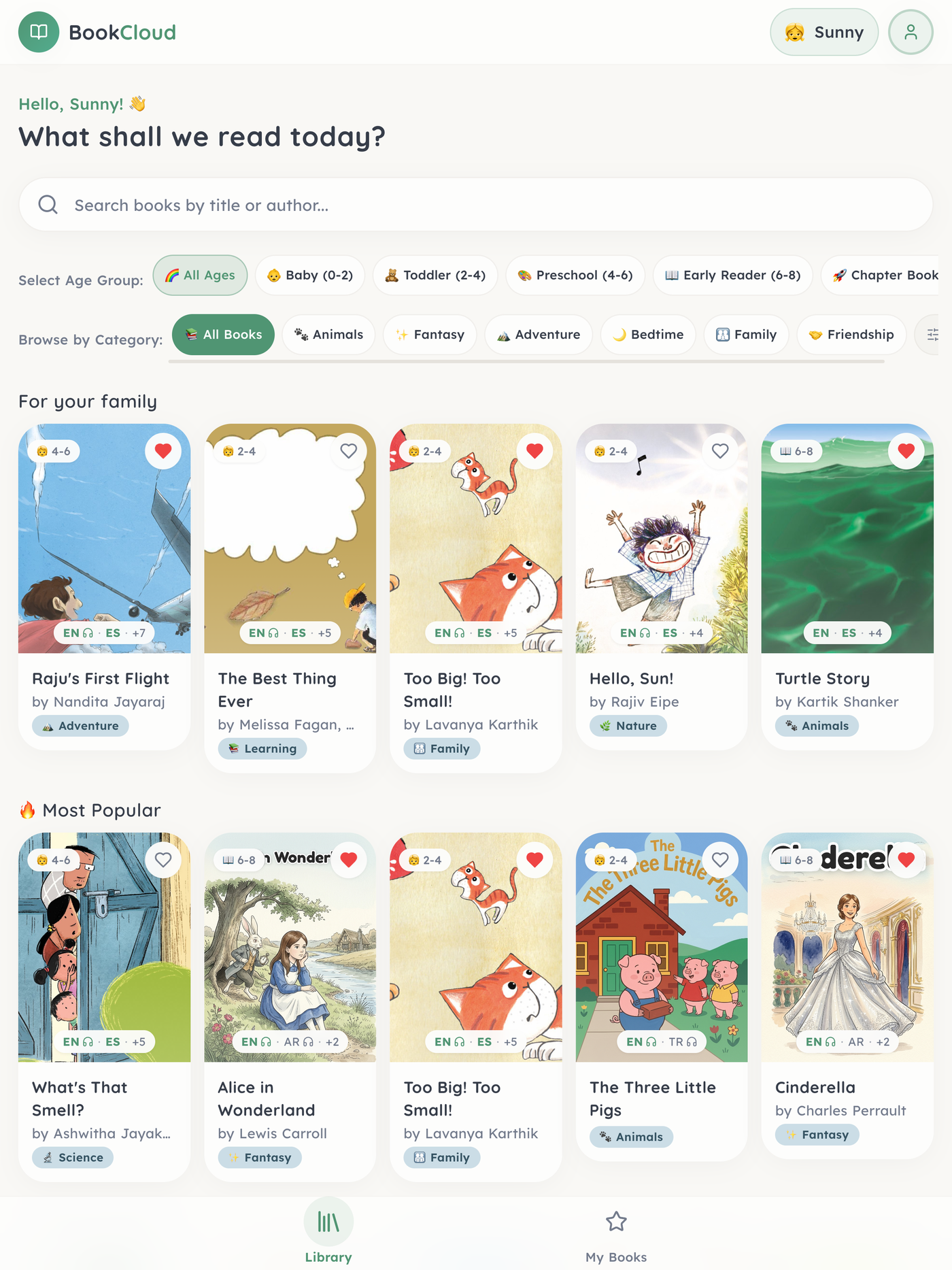 The BookCloud library on a tablet — a wide grid of illustrated children's books